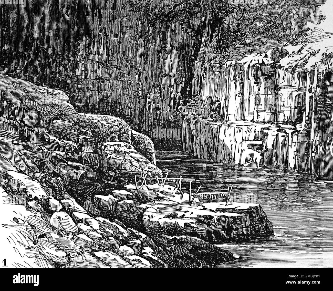 Rocky canyon and river scene with the ruins of native American Indian