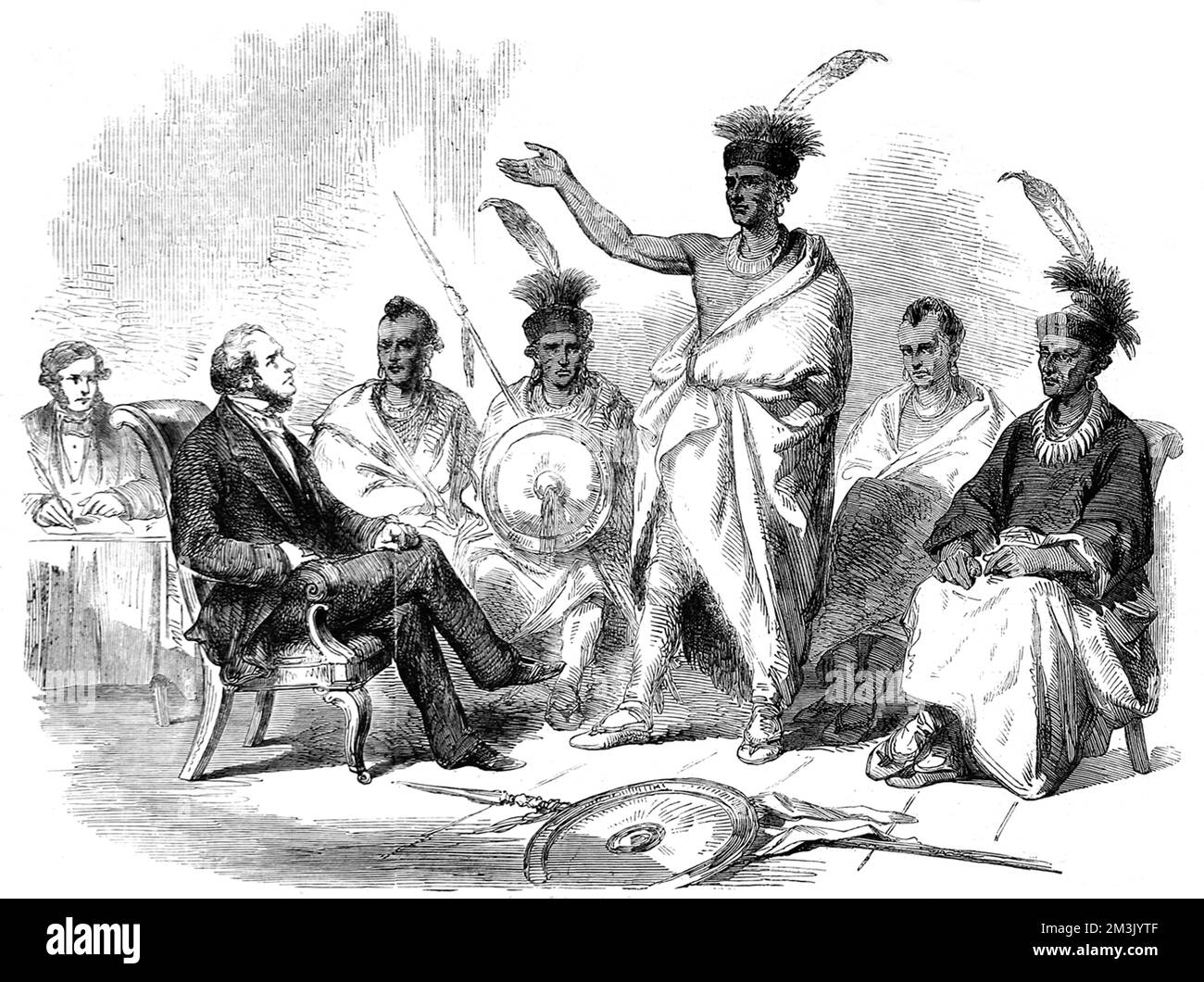 Kaw native American Indians appealing to the United States Commissioner of Indian Affairs to protect their land from settlers, 1857.   The Kaw, who lived in Kansas, are shown wearing mohican hairstyles, plumed headdresses, shawls and carrying round shields. Stock Photo