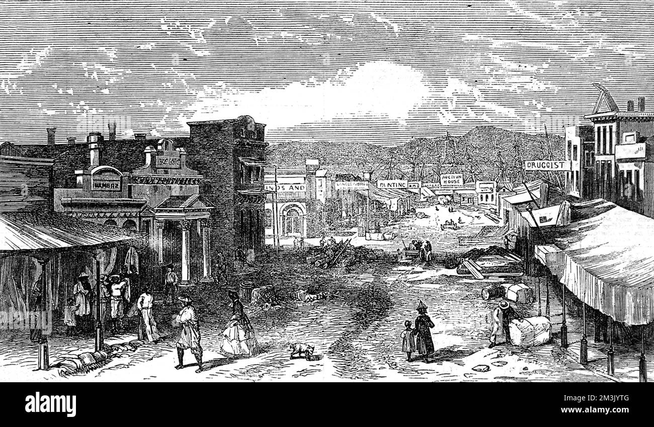 A street in Victoria, Vancouver Island.  The scene of a gold rush in the 1860's and home to many native American Indians.     Date: 1863 Stock Photo