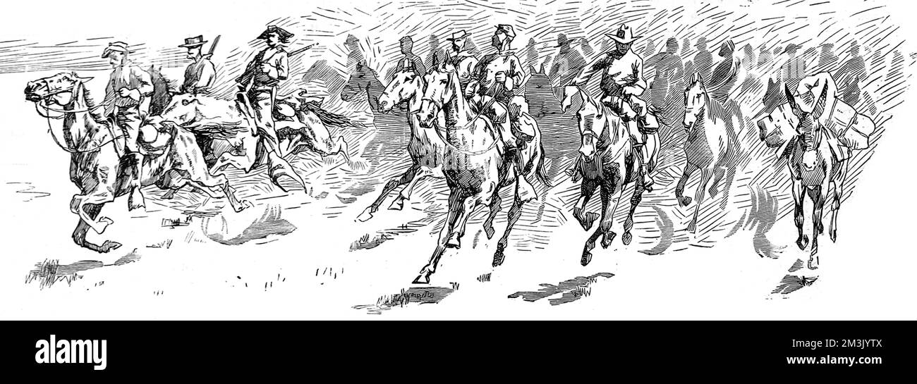 Illustration showing US troopers in hot pursuit of Apache Indians in Southern Arizona and Northern Sonora, New Mexico during one of the last wars between native American Indians and the Federal Army, c.1887.     Date: 1887 Stock Photo