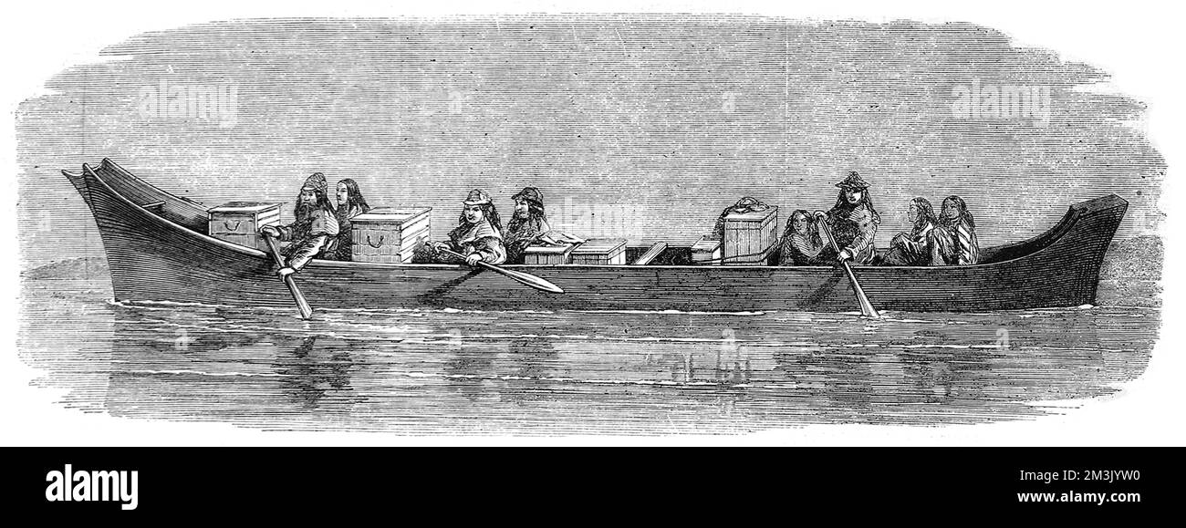 Illustration of eight Native American Indians in a large canoe, off Vancouver Island, c.1862.  1862 Stock Photo