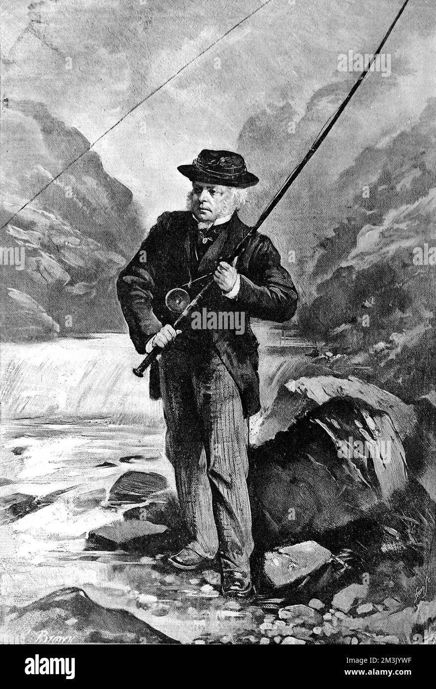 Portrait of John Bright, the English orator and radical politician, salmon fishing in 1889. As well as serving as MP for Durham and Manchester he was also appointed President of the Board of Trade and Chancellor of the Duchy of Lancaster.     Date: 1889 Stock Photo