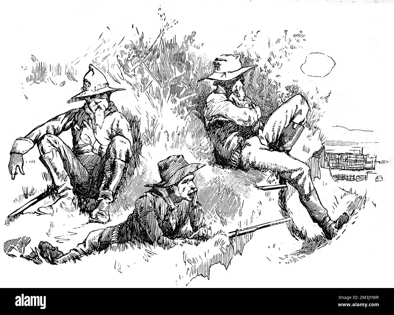 Illustration of several cowboys protecting their ranch from Apache native American Indians.     This image was made at the time of the last war between the Apache native American Indians and the United States Army in Southern Arizona and Northern Sonora, Old Mexico, c.1887.     Date: 1887 Stock Photo
