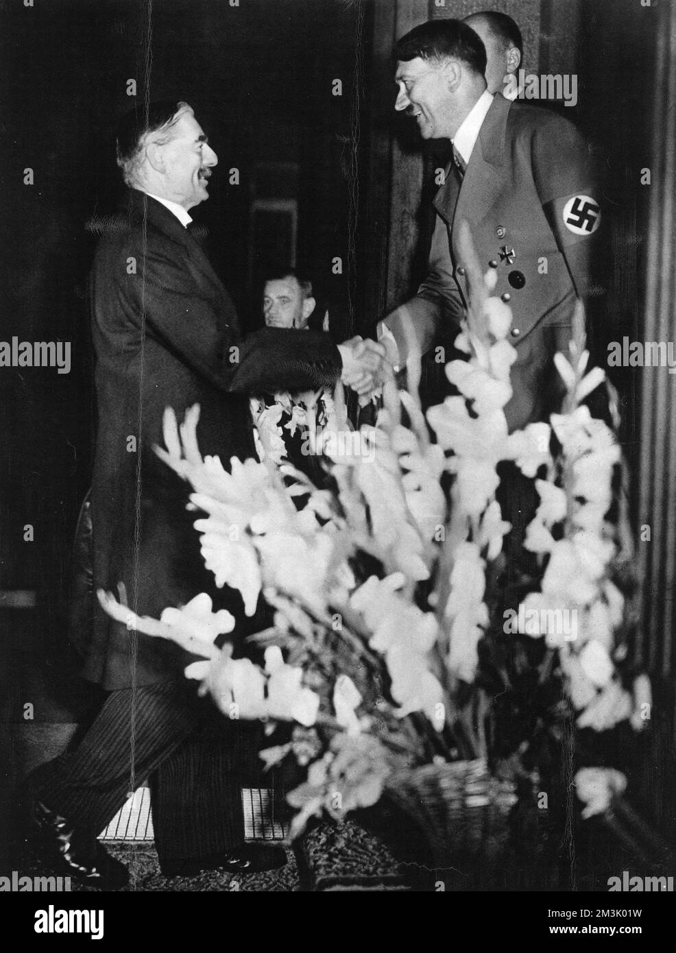 Neville Chamberlain, British Prime Minister, arriving at the Hotel Dreesen, Bad Godesberg, for talks with Adolf Hitler, German Fuhrer, 23rd September 1938.     Date: 1938 Stock Photo