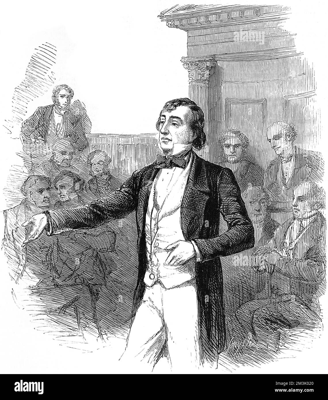 Benjamin Disraeli (1804 - 1881), 1st Earl of Beaconsfield, setting forth his opinions at the Bucks Election of 1847.  1881 Stock Photo