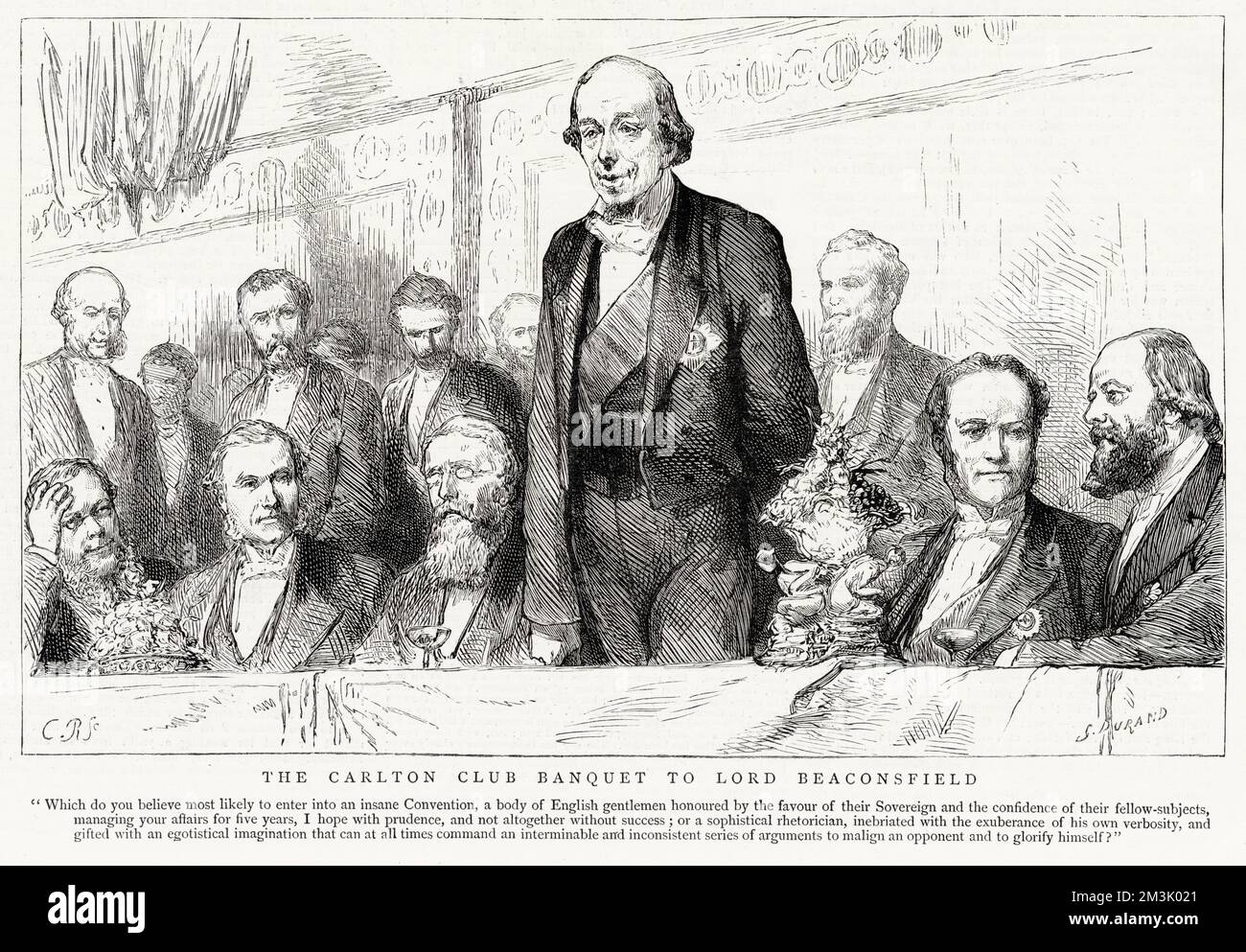 Benjamin Disraeli, 1st Earl of Beaconsfield (1804 - 1881), giving a speech at a Carlton Club Banquet held in his honour, 27th July 1878. Stock Photo
