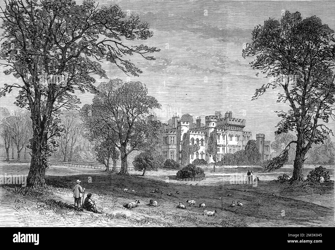 Engraving of Hawarden Castle and its grounds, 1880. This was the home