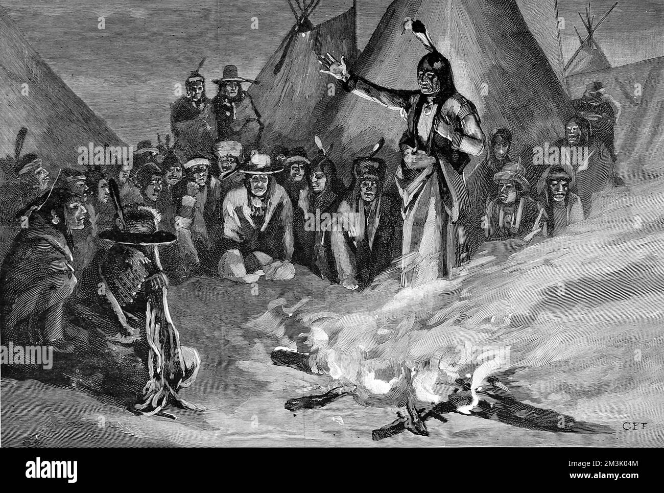 Sitting was an inspirational Sioux Chief, who together with Crazy Horse, defeated Custer and tried to prevent the American Indians being forced into reservations. He escaped to Canada in 1879, but returned to American in 1881 under an amnesty. He was shot just after this image was published during an Indian uprising     Date: 1890 Stock Photo