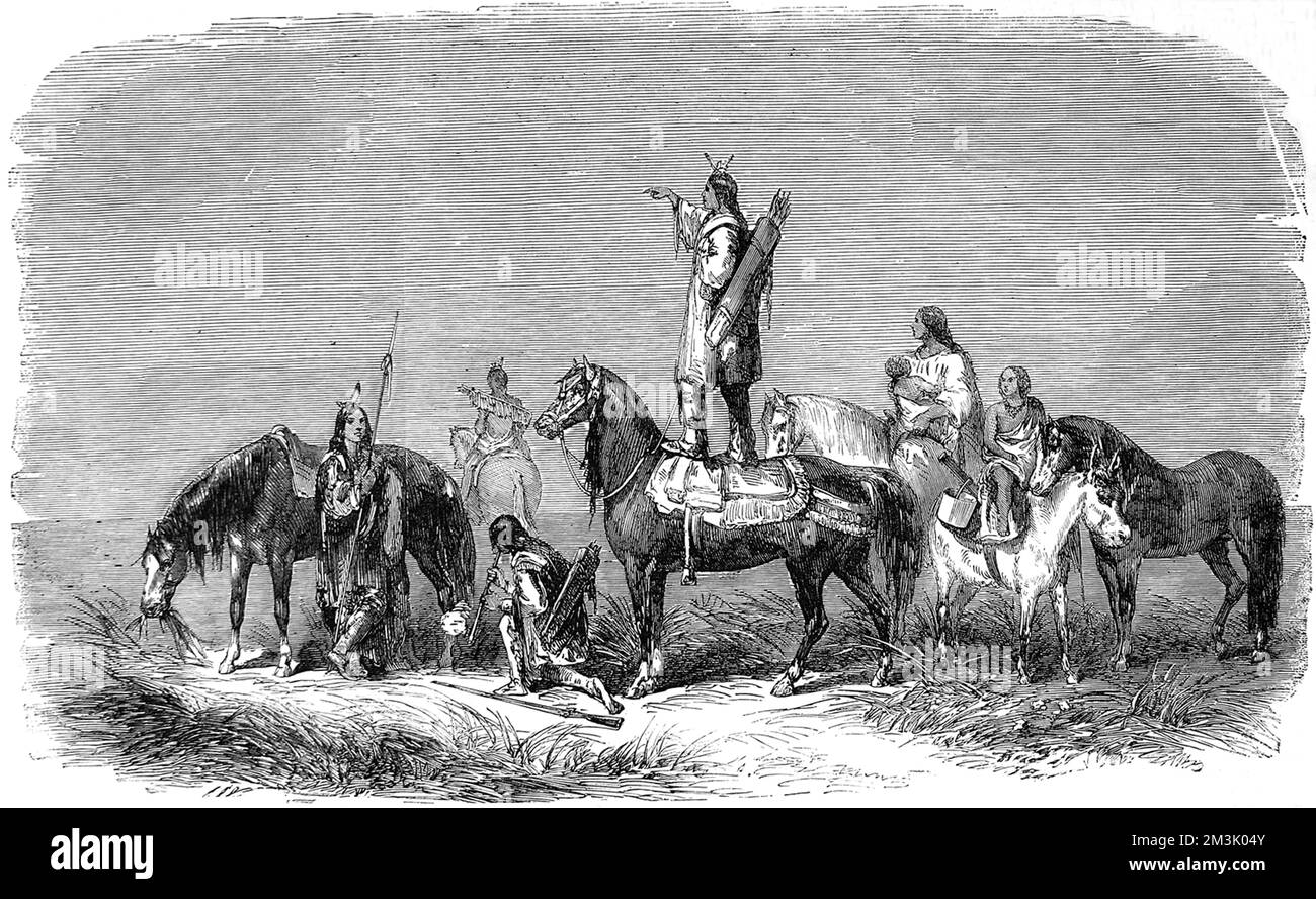 Pawnee Indian standing on his horse, looking out for the enemy; either