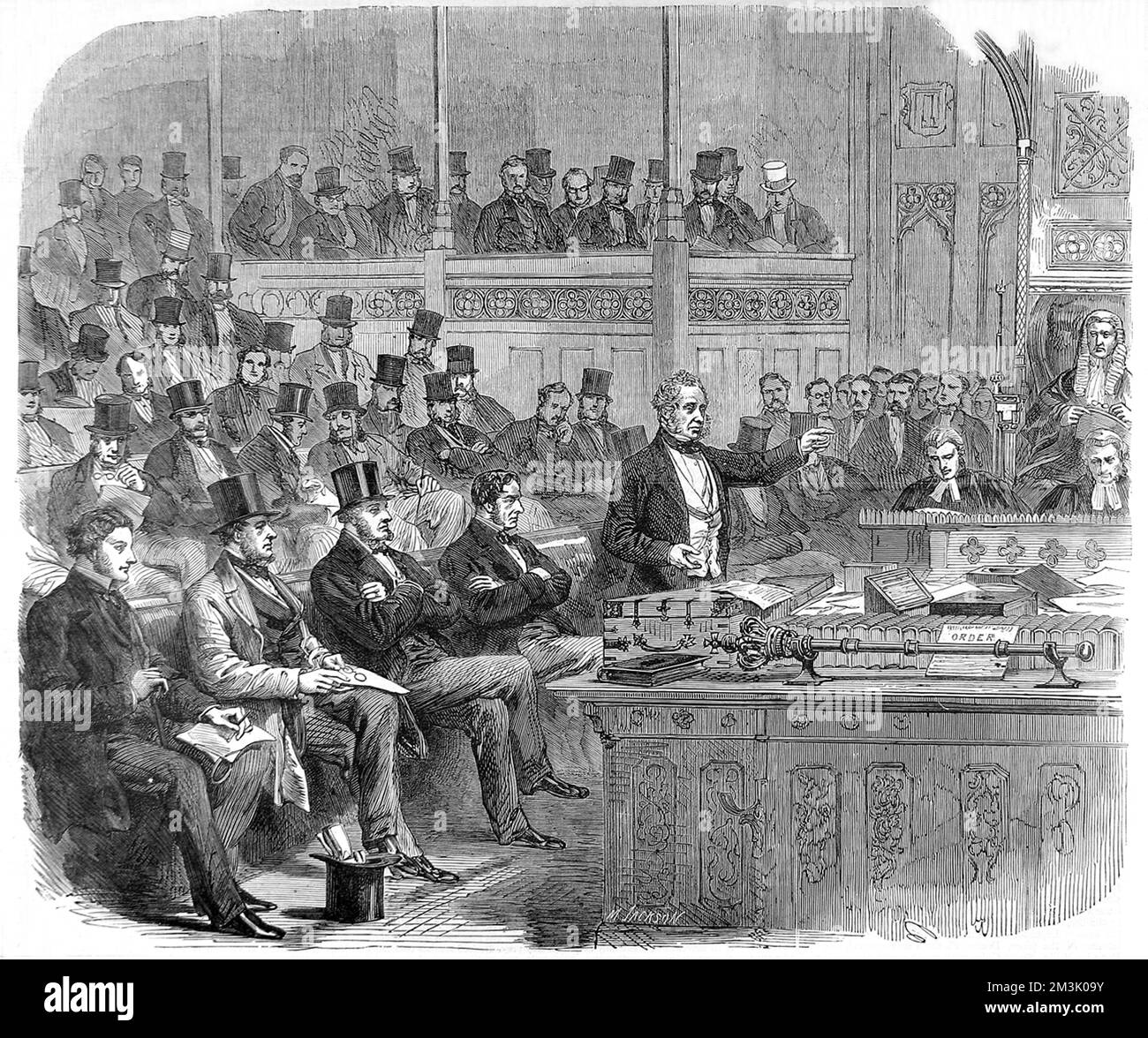 Henry John Temple, 3rd Viscount Palmerston (1784-1865), delivering the ministerial statement on Dano-German relations to the House of Commons, June 1864. The despatch box and mace can be clearly seen in front of him.  1864 Stock Photo