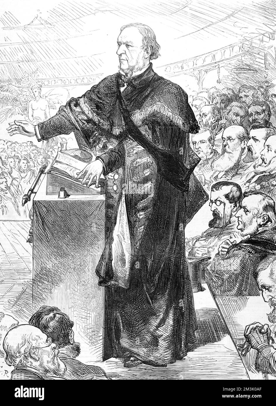 William Ewart Gladstone (1809 - 1898), English Liberal statesman, delivering his address as Lord Rector of the University of Glasgow.     Date: 1879 Stock Photo