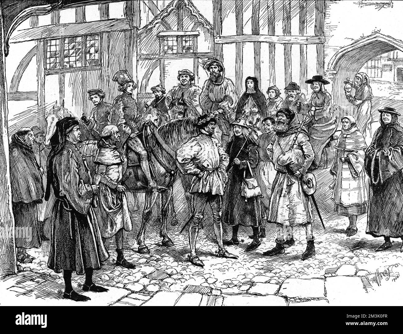 An artist's impression of how Chaucer's Canterbury Pilgrims may have looked as they stood in the yard of the Tabard Inn, 17th April 1387. Only nineteen out of Chaucer's thirty-two pilgrims are pictured in this image.   On foot, from left to right, are the following: Friar, Groom, Chaucer, Reeve, Summoner, Pardoner, Cook, Miller, Serjeant-at-Law and the Monk.   Mounted on horses, left to right, are: Manciple, Squire, Shipman, Host, Knight, Prioress, Nun's Priest, Franklin, Wife of Bath and the Doctor.     Date: 1901 Stock Photo