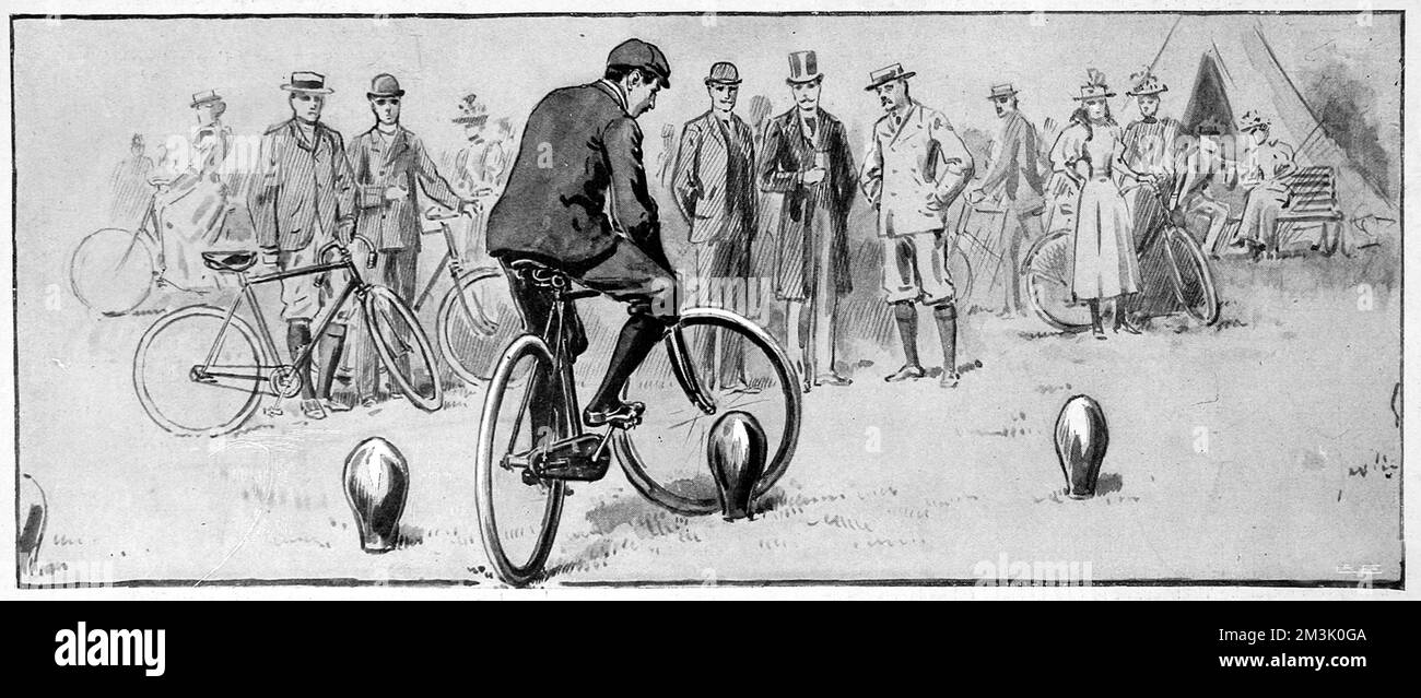 'Bending Competition', a trial of manoevrability and bicycle-handling, held as part of the Bicycle Fete at the Queen's Club, London, 1897. Stock Photo