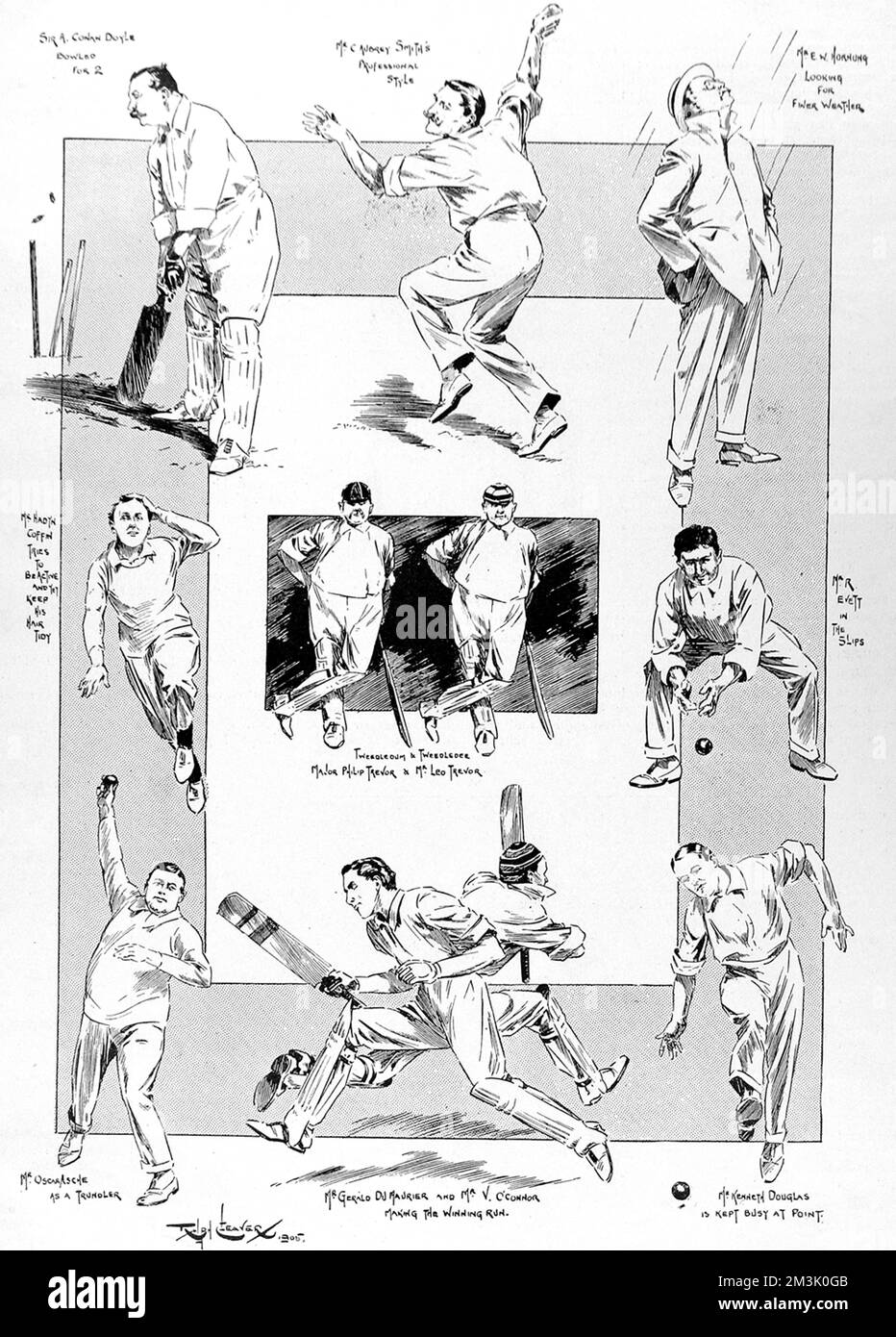 A number of the players in a one-day match between actors and authors held at Lord's cricket ground, June 1905. The actors won the match by 8 wickets and 7 runs.  Clockwise, from top left: Sir Arthur Conan Doyle loses his wicket for 2 runs; C Aubrey Smith bowling; E.W. Hornung looking skyward; R. Evett fielding; Kenneth Douglas fielding at point; Gerald Du Maurier and V. O'Connor making the winning run; Oscar Asche bowling; Haydn Coffin trying to field and keep his hair tidy. In the centre are Major Philip Trevor and Leo Trevor, looking a lot like Tweedledum and Tweedledee. Stock Photo