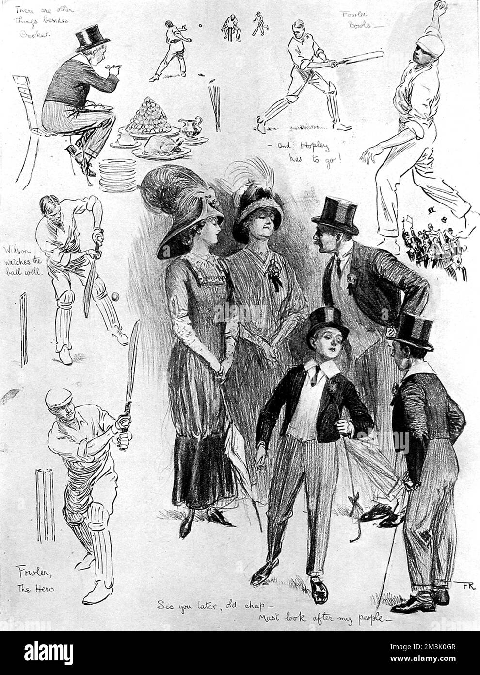 Sketches of a number of scenes at the Eton vs. Harrow cricket match, held at Lords Cricket Ground, London, July 8th and 9th, 1910. Stock Photo