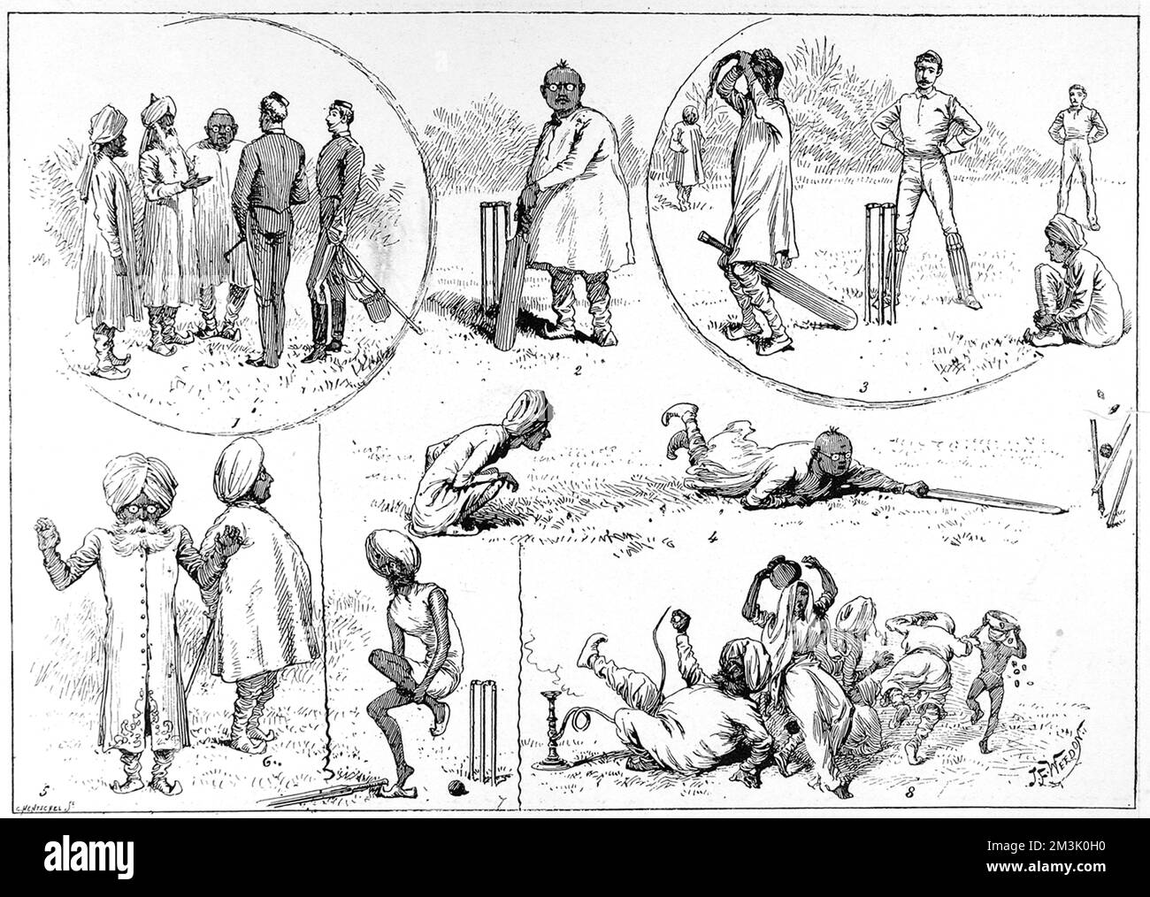 A series of sketches by an English Cavalry Officer of a game of cricket played between an Indian College and British Officers, in India, 1890.      The correspondent who sent in the account of this match wished to remain anonymous and gave little in the way of details about the match.  Indeed the Indian College was given the pseudonym 'The Progress College of Arts and Sciences' and the location was not disclosed.      The Illustrated London News editor who wrote the original caption said there was a 'touch of caricature' in their depiction of the Indian players, but hoped 'the joke would be ta Stock Photo