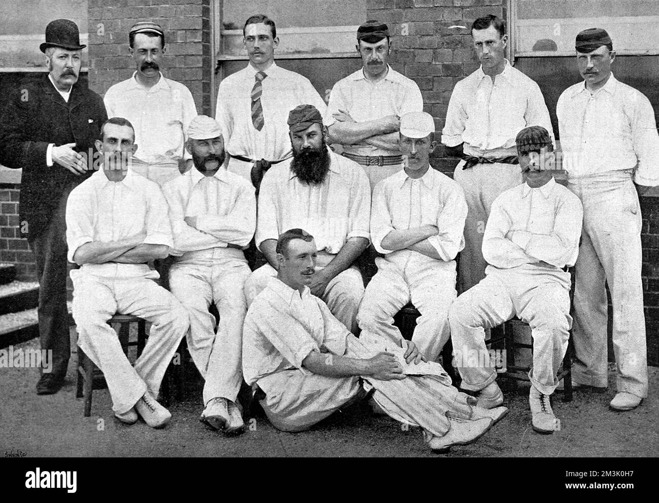 Photograph of Gloucestershire County Cricket team for the 1892 season. Back row, left to right: J.Smith (scorer), E. Sainsbury, S.A.P. Kitcat, Roberts, Murch, Painter. Middle row, left to right: Captain A.H. Luard, E.M. Grace, Dr. W.G. Grace (captain), Woof, O.G. Radcliffe. Front row: Board. Stock Photo