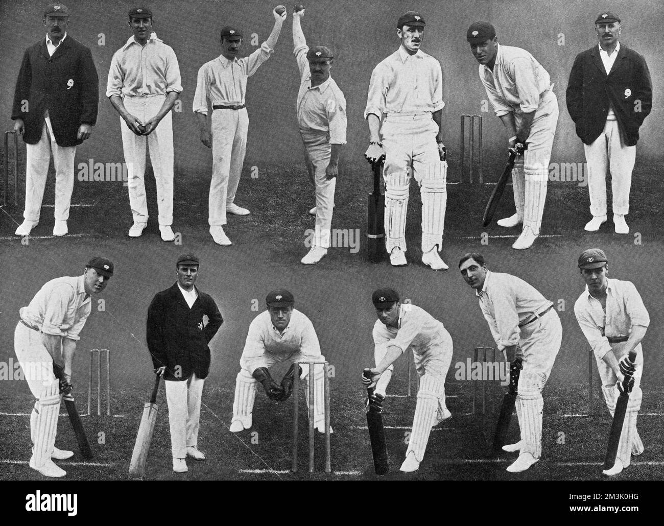 Photograph showing 13 members of the Yorkshire County Cricket team for the 1912 season. Yorkshire were winners of the County Championship that year.  Top row, left to right: Sir A.W. White (captain), M.W. Booth, D. Denton, S. Haigh, W. Rhodes, W.E. Bates, G.H. Hirst.  Bottom row, left to right: A. Drake, R. Kilner, A. Dolphin, J. Tasker, B.B. Wilson, E. Oldroyd.  1912 Stock Photo