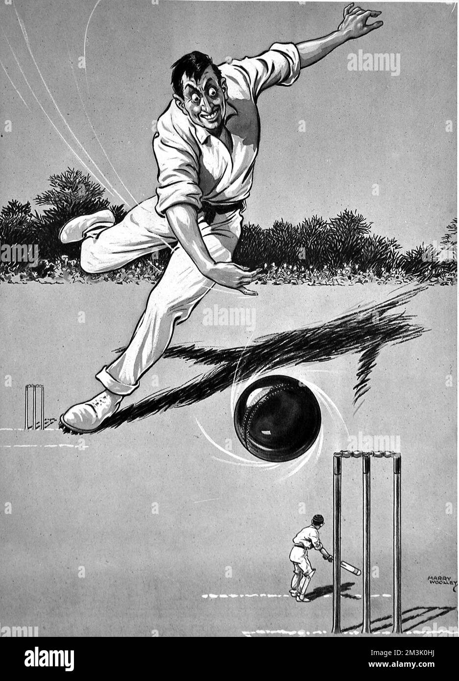 Cartoon showing a cricketer bowling the first ball of the match, as seen from the batsman's point of view.     Date: 1921 Stock Photo