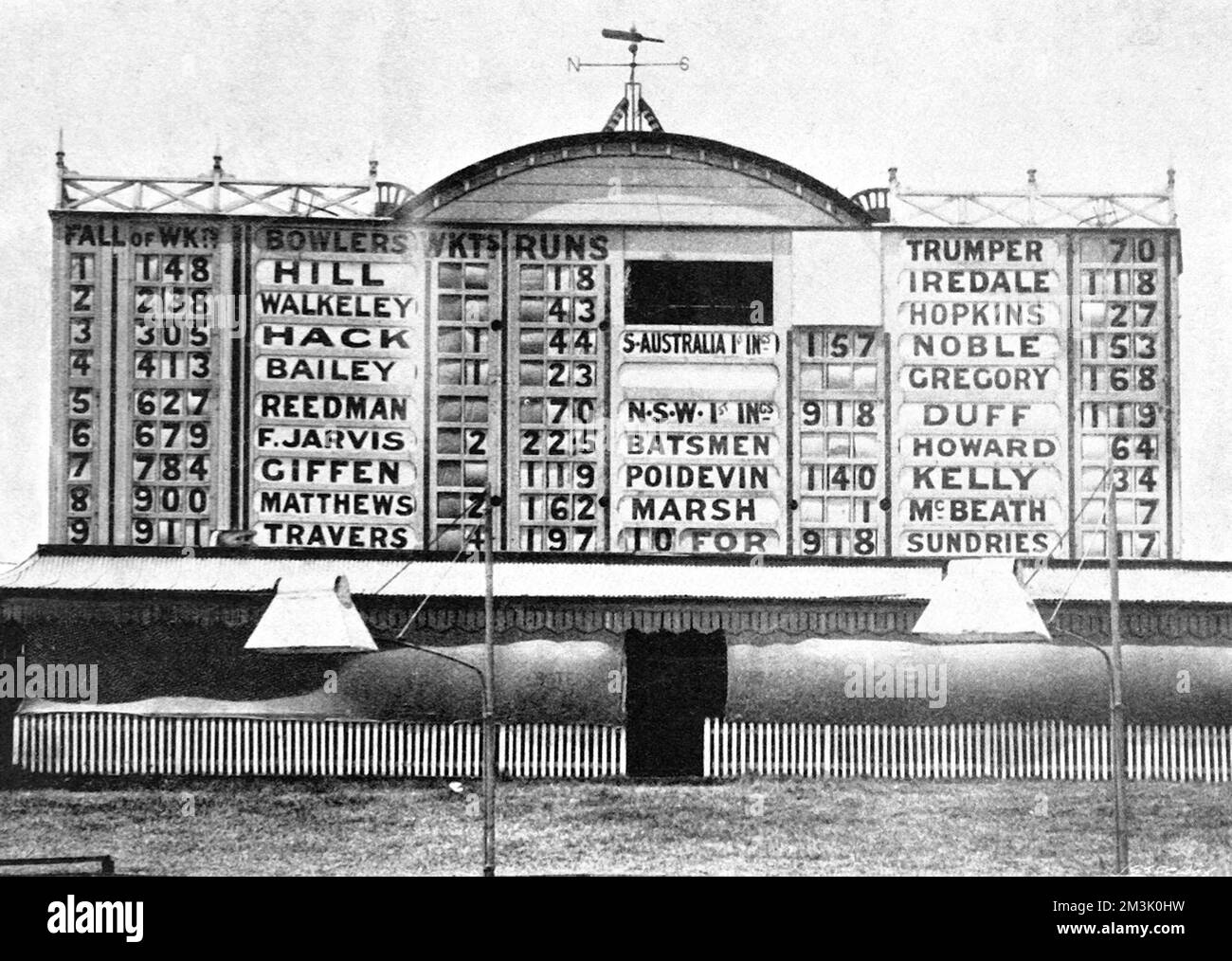 The Sydney Cricket Ground Score-board during the Sheffield Shield match between New South Wales and South Australia, 8th January 1901.   New records were made as New South Wales scored 918 all out, with five of their players scoring centuries.  1901 Stock Photo