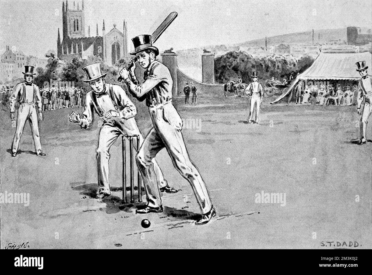 Illustration of Fuller Pilch (1804-1870) batting for Kent against Sussex, 1837.      Pilch was one of the best players of his day and from 1835 he was paid the handsome sum of 100 per year to play for Town Malling, the strongest team in Kent.      As can be seen in the illustration, top hats were 'de rigeur' in cricket matches in those days.     Date: 1901 Stock Photo