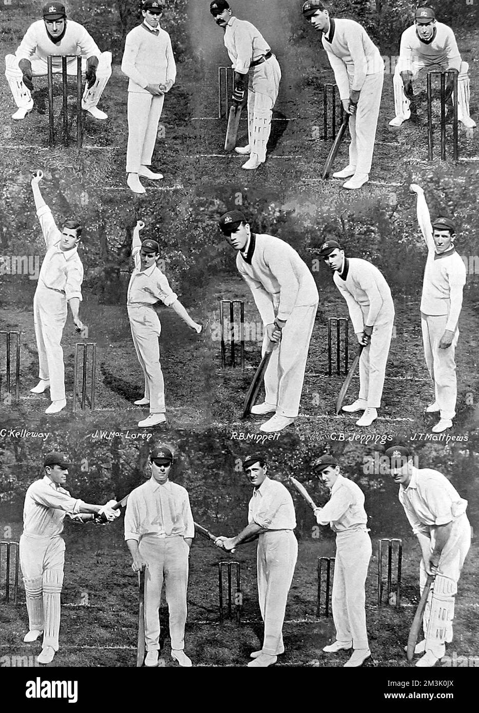 Montage of the Australian Cricket Team which toured England in the summer of 1912. This tour was unusual in that no test matches were played, the Australians only playing county sides.  Top row, left to right: H. Webster, W. Whitty, S.E. Gregory (captain), E.R. Mayne, W. Carkeek.  Middle row, left to right: C. Kelleway, J.W. MacLaren, R.B. Minnett, C.B. Jennings, J.T. Matthews.  Bottom row, left to right: C.G. Macartney, W. Bardsley, D. Smith, G.R. Hazlitt, S.H. Emery.  1912 Stock Photo