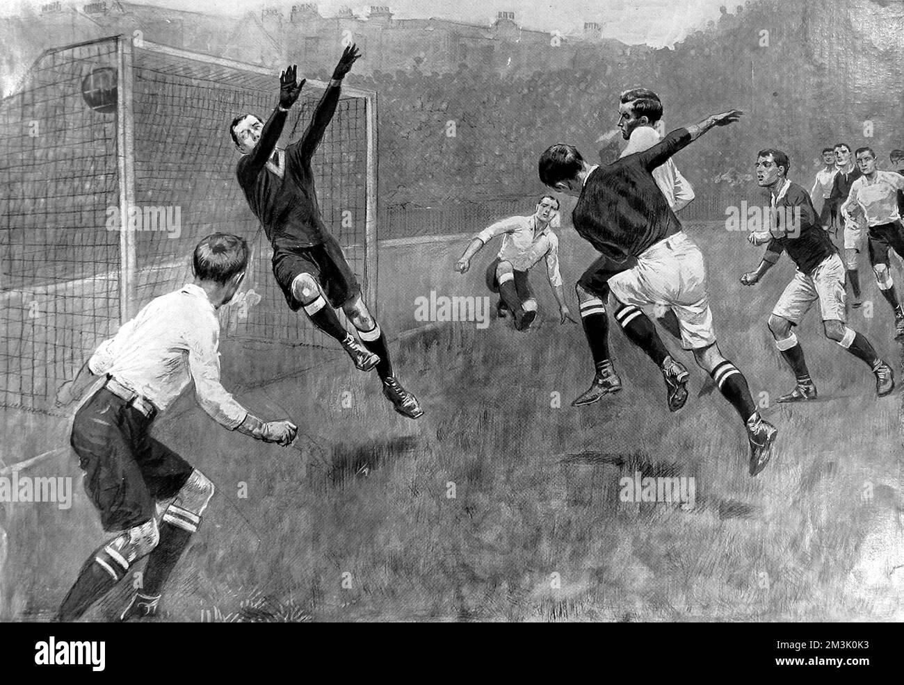 Windridge scoring for Chelsea Football Club, during the First Division, Chelsea vs. Tottenham Hotspur match of December 1909. This was the first time that these clubs played each other in the First Division and the match was won by Chelsea 2-1.     Date: 1909 Stock Photo