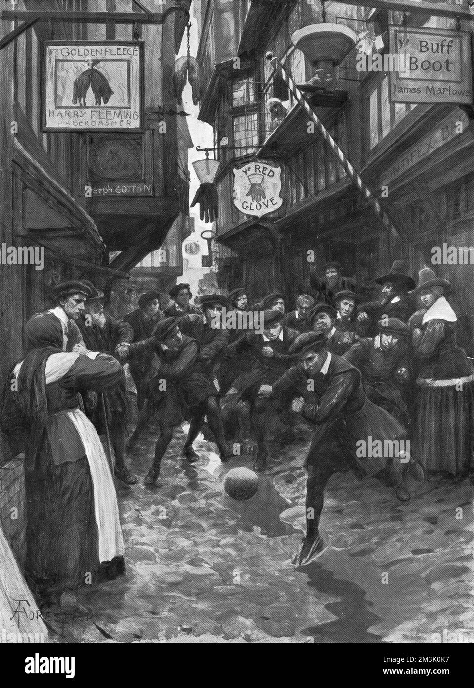 A game of football, played a group of apprentices, in the streets of London. Football, then a game with no rules, had been banned by Elizabeth I, but continued to be enjoyed until the time of Cromwell.     Date: 16th century Stock Photo