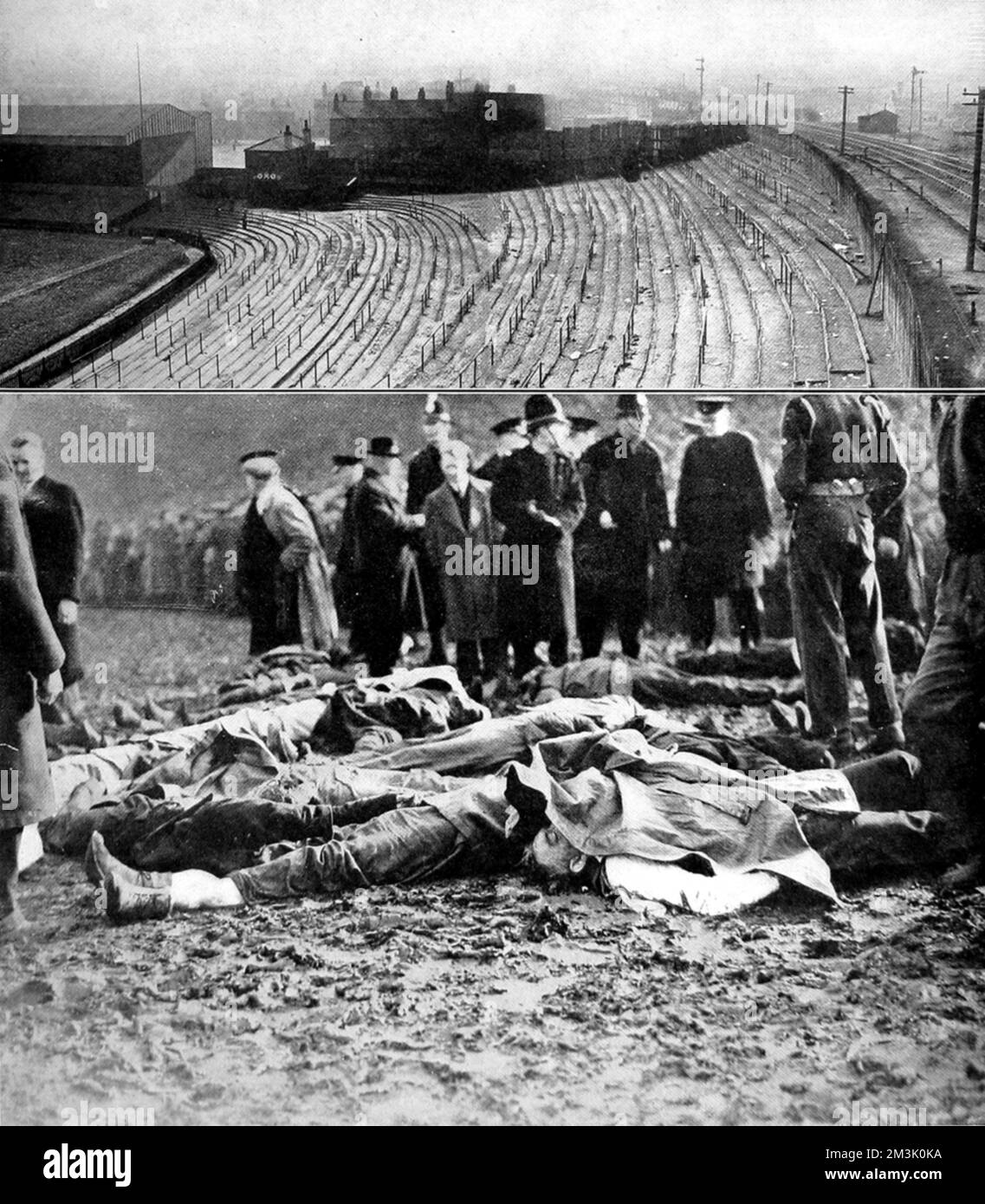 Photograph showing Burnden Park Football Ground in Bolton (top image) and some of the victims of a disaster which took place there during an F.A. Cup Match in March, 1946.      As the match between Bolton Wanderers and Stoke City got underway, 65,000 fans were in Burnden Park and around 15,000 were locked out.  A large number of the 15,000 decided to rush the ground and succeeded in gaining access to the terraces.  Unfortunately, this meant that 33 people were either crushed or tramped to death as many steel crush-barriers broke and the crowd had to surge onto the football field.     Date: 194 Stock Photo