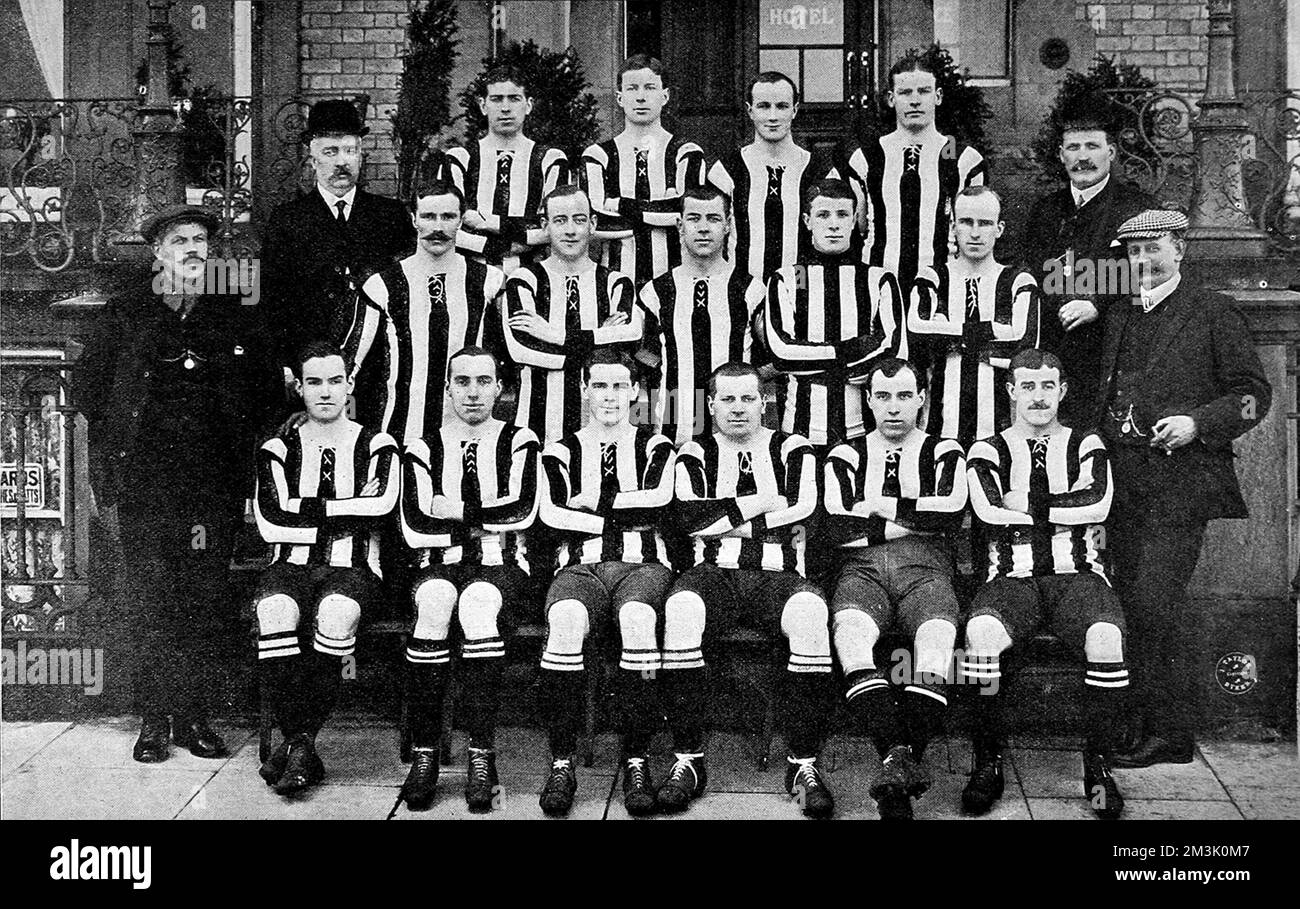 Photograph of the Newcastle United Football team of the 1907-1908 season.  The players and staff shown are: Back row, left to right: W. McCracken, D. Pudan, P. McWilliam, J. Carr. Middle row, left to right: J. Bell (Vice-Chairman), A. McCombie, F. Speedie, D. Willis, J. Lawrence, J. Rutherford, J.P. Oliver (Director). Front row, left to right: J.Q. McPherson (trainer), C. Veitch, A. Gosnell, J. Howie, W. Appleyard, A. Gardner, G. Wilson, F.G. Watt (Secretary).  1908 Stock Photo