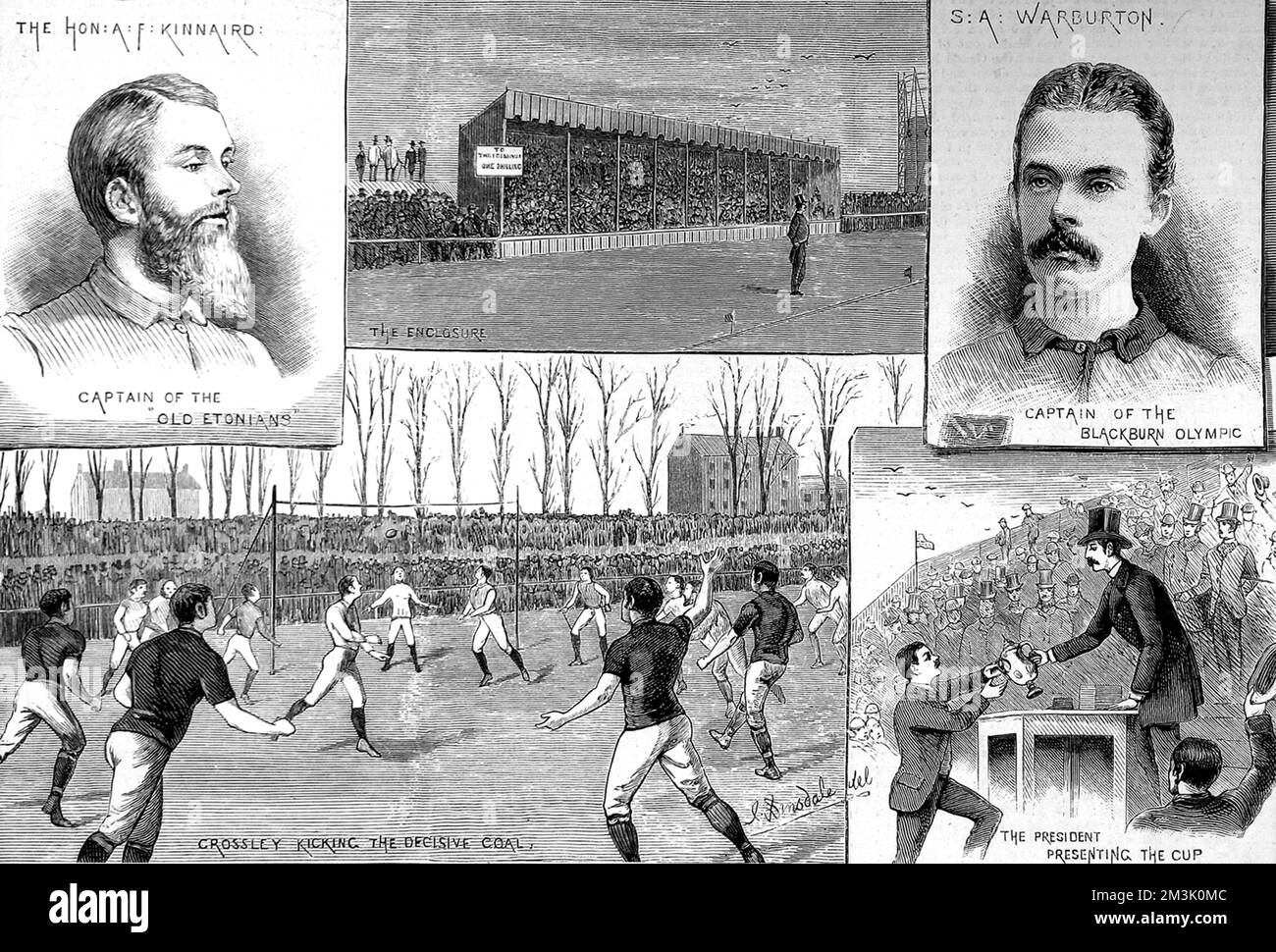 A number of scenes from the F.A. Cup Final of 1883, played between Blackburn Olympic and the Old Etonians at Kennington Oval, London. The match was won by Blackburn 2-1.  The images show: (top left) A.F. Kinnaird, Captain of the Old Etonians; (top middle) The Main stand; (top right) S.A. Warburton, Captain of Blackburn Olympic; (bottom left) Crossley of Blackburn scoring the decisive goal; (bottom right) the F.A. President presents the Cup to Warburton.  1883 Stock Photo