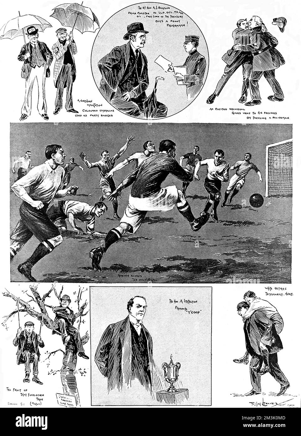 Series of illustrations from the Manchester City vs. Bolton Wanderers F.A. Cup Final at the Crystal Palace ground, London, 23rd April 1904. Billy Meredith can be seen scoring the only goal of the game for Manchester in the centre image.   The other images show (clockwise from top left): two fans and their umbrellas; British Prime Minister Arthur Balfour buying a programme; an excited fan embracing a policeman; White of Bolton Wanderers being helped from the pitch; the Hon. A. Lyttelton ready to present the F.A. Cup; two fans watching the game from a nearby tree.  1904 Stock Photo