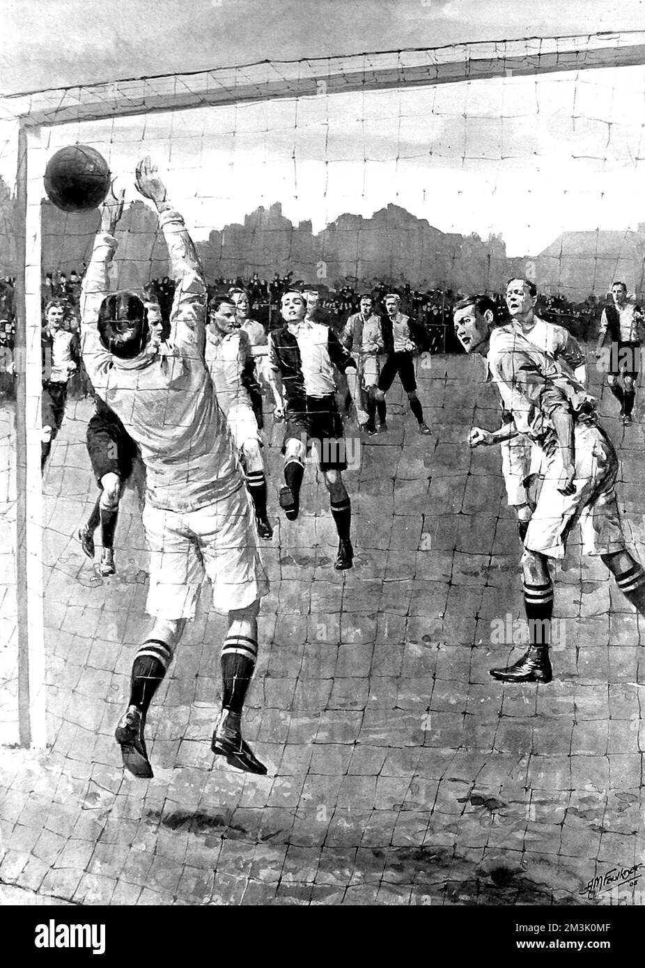 Berry of Oxford University scoring a goal in the 1908 varsity match, played at the Queen's Club. The match was won by Oxford 4-1.     Date: February 1908 Stock Photo