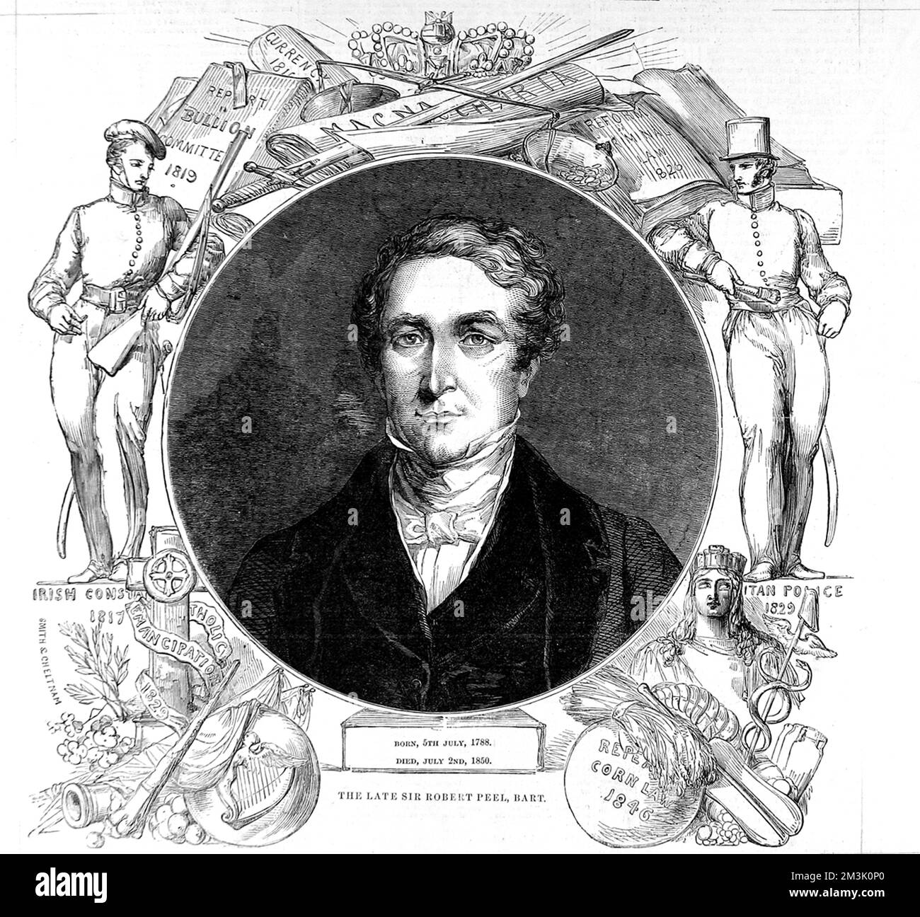 Sir Robert Peel (1788 - 1850), English statesman and Prime Minister, surrounded by illustrations of his political achievements.   Peel was a Conservative MP who held strong views on Irish Catholicism and Free Trade vs Protectionism, but is probably best remembered for organising the London Police Force in 1829. For a long time, British policemen were nicknamed 'Peelers' or 'Bobbies' in reference to Robert Peel.   On 29th June 1850, Peel was thrown from his horse and sustained fatal injuries. Stock Photo