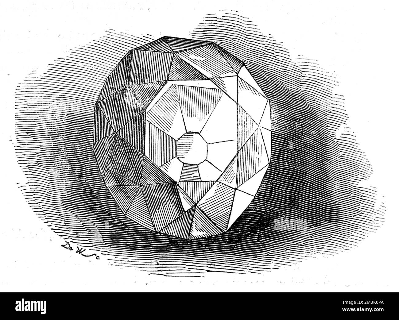 Engraving of the re-cut Koh-i-noor ('mountain of light') diamond, 1852. Previously owned by the Mogul emperors, the Persian Shahs and Ranjit Singh, the Lion of the Punjab, it was presented to Queen Victoria by the East India Company in 1850.  The diamond was displayed at the Great Exhibition of 1851, where various experts felt it displayed insufficient fire. It was decided therefore to recut the stone. This was undertaken by Guillaume Coster, over 38 days, in 1852 to produce a round diamond of 108 carats (shown in the image).   In 1937 the diamond was placed in a crown to be worn by Queen Eliz Stock Photo