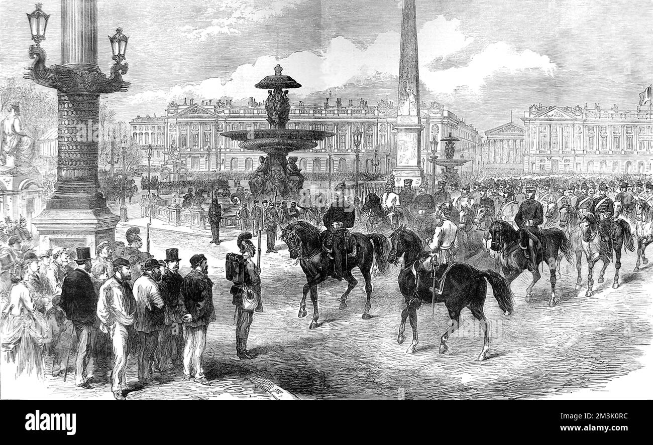 The parade of Prussian troops, led by General Blumenthal, Chief of Staff to the Prussian Crown Prince, through the Place de la Concorde, Paris, 1871. The French crowd look on grimly as the Prussian troops enjoy their victory parade at the end of the Franco-Prussian War. Stock Photo