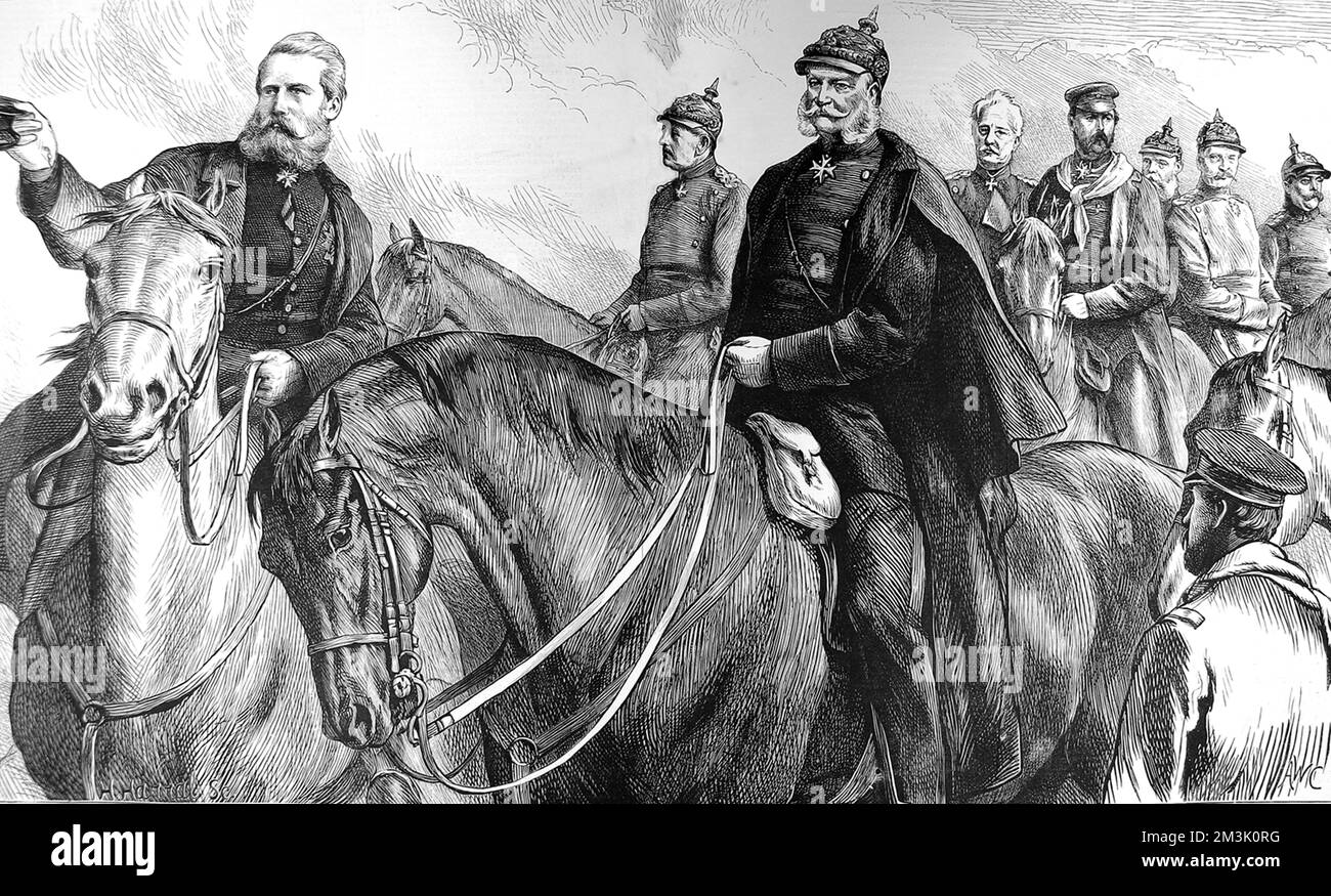 King Wilhelm of Prussia on horseback, with his sons the Crown Prince Frederick and Prince Frederick-Charles, Generals von Moltke, von Steinmetz, von Falkenstein and von Roon and Count Bismarck. Stock Photo
