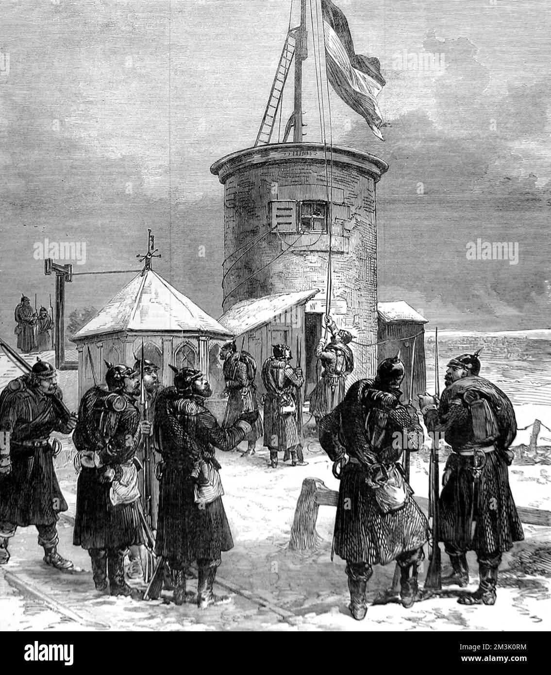 Prussian troops hoisting the German flag on top of Mont Valerien, one of Paris' most important fortifications. When it fell to the Prussians the fall of Paris was one significant step closer. Stock Photo