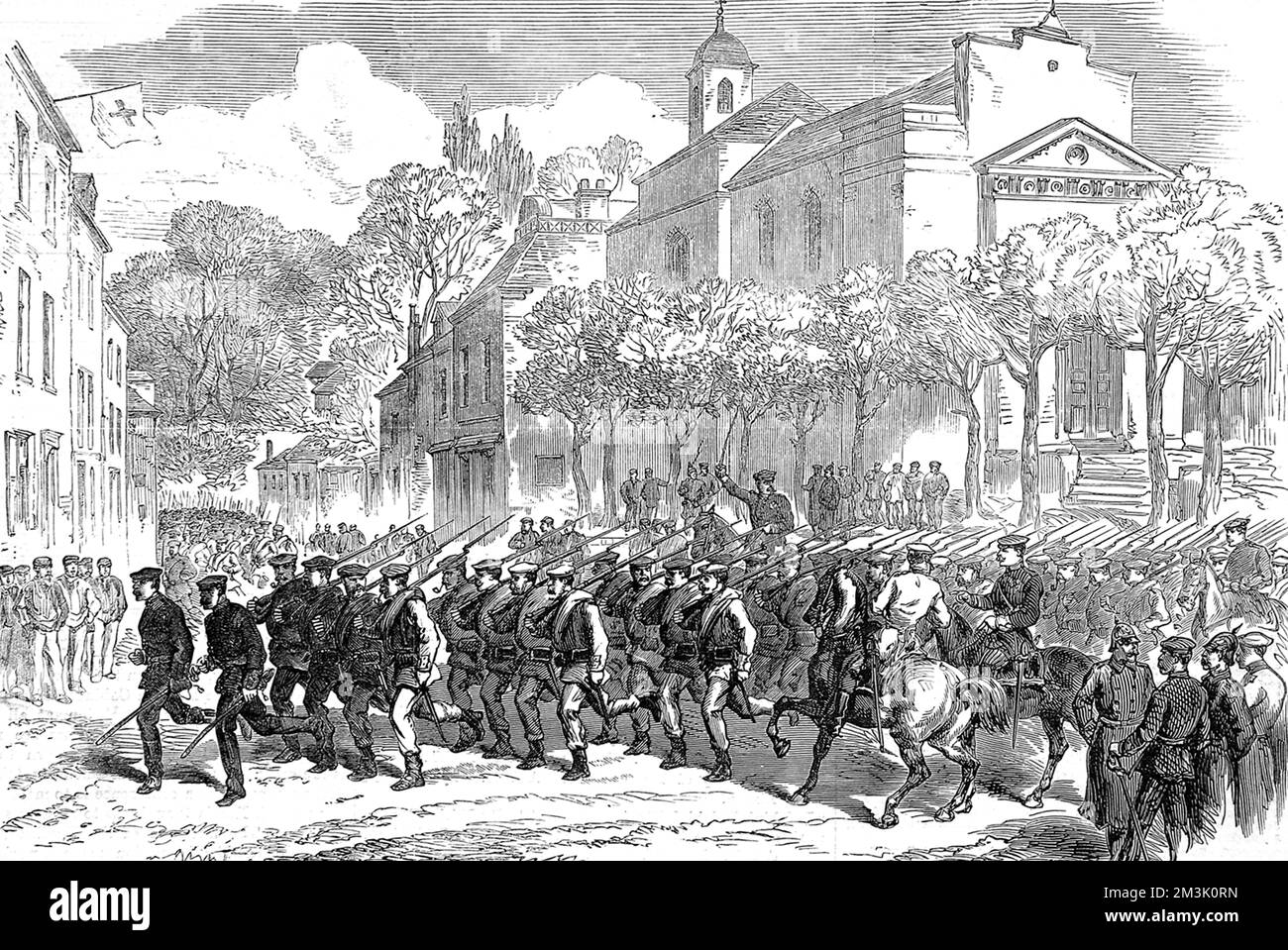 Prussian troops at Ville D'Avray hastening to resist a sortie by French forces. Paris was besieged for four months, until 28th January 1871. Stock Photo
