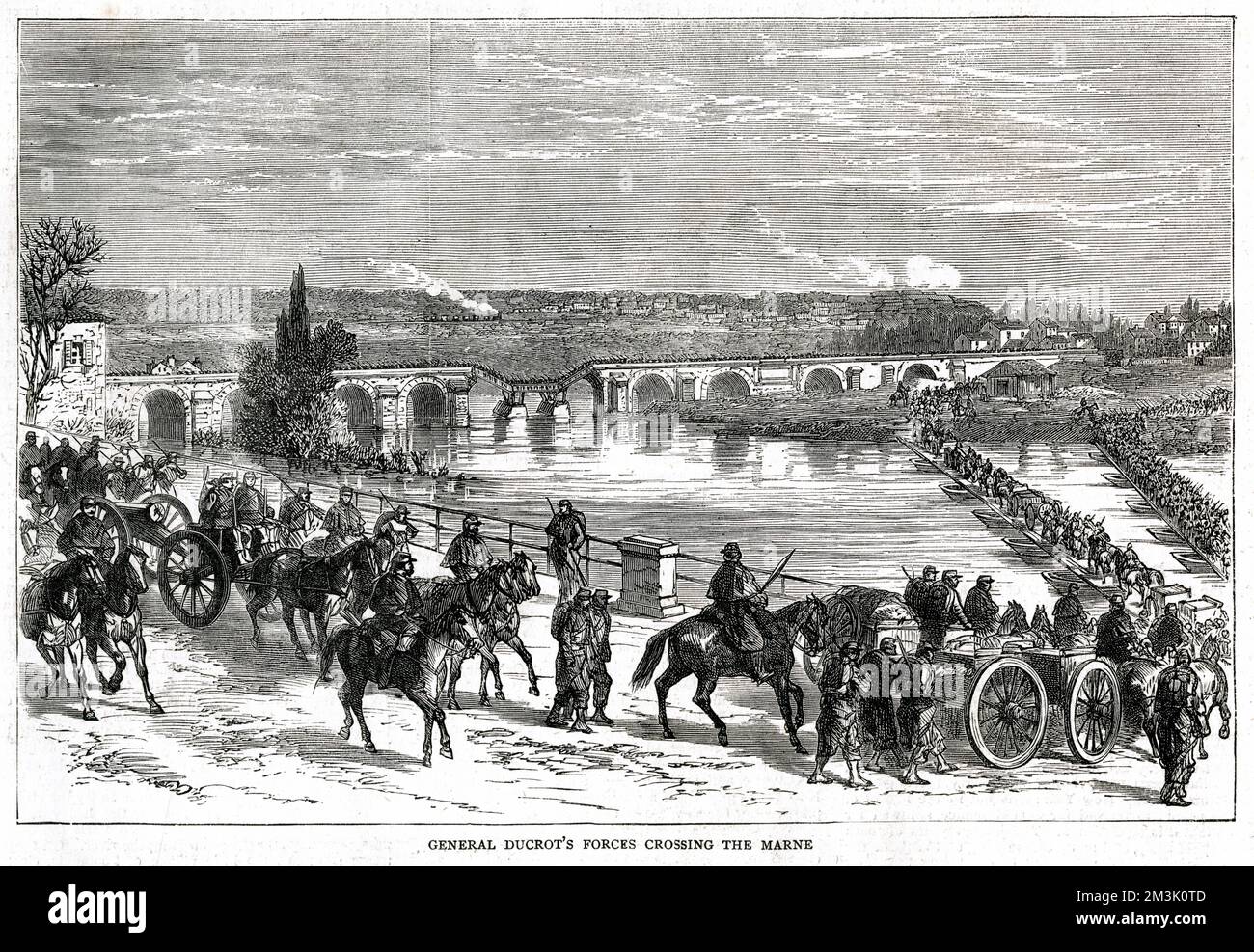 French troops, under the command of General Ducrot, crossing the Marne River to launch a counter attack against the Prussians, 29th November 1870.   This action, known as La Grande Sortie, was an attempt to break the 10 week old siege of Paris. It was not successful and the siege lasted for 4 months, before French capitulation.     Date: 1871 Stock Photo