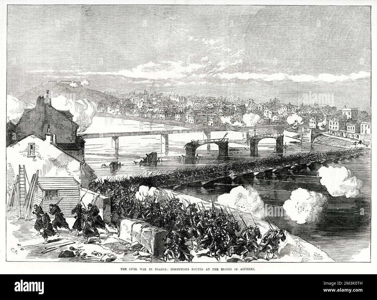 Communards retreating from government forces, back over the Seine by means of the Asnieres Bridge, 1871. During April 1871 the bridge was fought over by the Communards and the National Guard, changing hands several times.  At the end of the Franco-Prussian war, Parisian socialists set up the Commune and refused to surrender Paris to the rightwing French government. This led to bitter fighting on the streets of the city and large-scale executions of Communards.     Date: 1871 Stock Photo