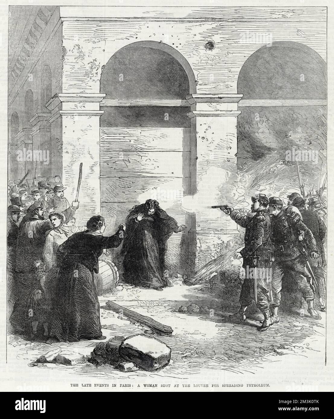 Execution of a female Communard, believed to be a 'Petroleuse', at the Louvre, during the Paris Commune.  As the Communard situation deteriorated and they retreated, they resorted to setting fire to parts of Paris. The Versailles Government troops were merciless, when they caught anyone they suspected of being a Communard they were summarily shot. Stock Photo
