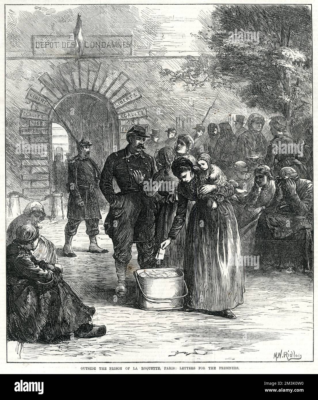 Wives and mothers of prisoners being held in La Roquette prison, at the end of the Paris Commune, 1871. These women had come to the gaol with letters for their loved ones, locked up inside.  With the fall of the Commune, the French Army imprisoned and executed thousands in a purge of socialists in Paris. Stock Photo