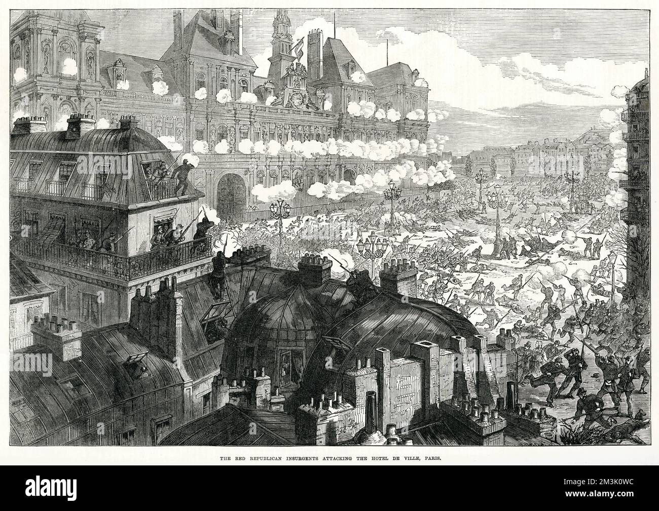 The Red Republican Insurgents (as the original caption called them) attacking the Hotel de Ville, Paris, shortly prior to finally setting it on fire, 17th May 1871.   At the end of the Franco-Prussian war, Parisian socialists set up the Commune and refused to surrender Paris to the rightwing French government. This led to bitter fighting on the streets of the city and large-scale executions of Communards.     Date: 1871 Stock Photo