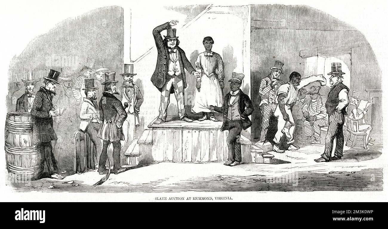 Slave sale taking place, with the auctioneer and a female slave standing on a dias, Richmond.  In the background other slaves can be seen waiting and one is being physically examined by a potential buyer. Slaves were commonly sold for œ600-800 at this time. Stock Photo