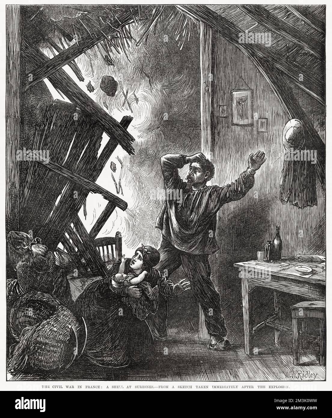 A modest family home ripped apart by a shell, during the fighting between the Versailles Government troops and the Paris Communards. The wooden walls and thatched roof are shown falling in on a mother and baby, whilst her husband looks on in horror. Stock Photo