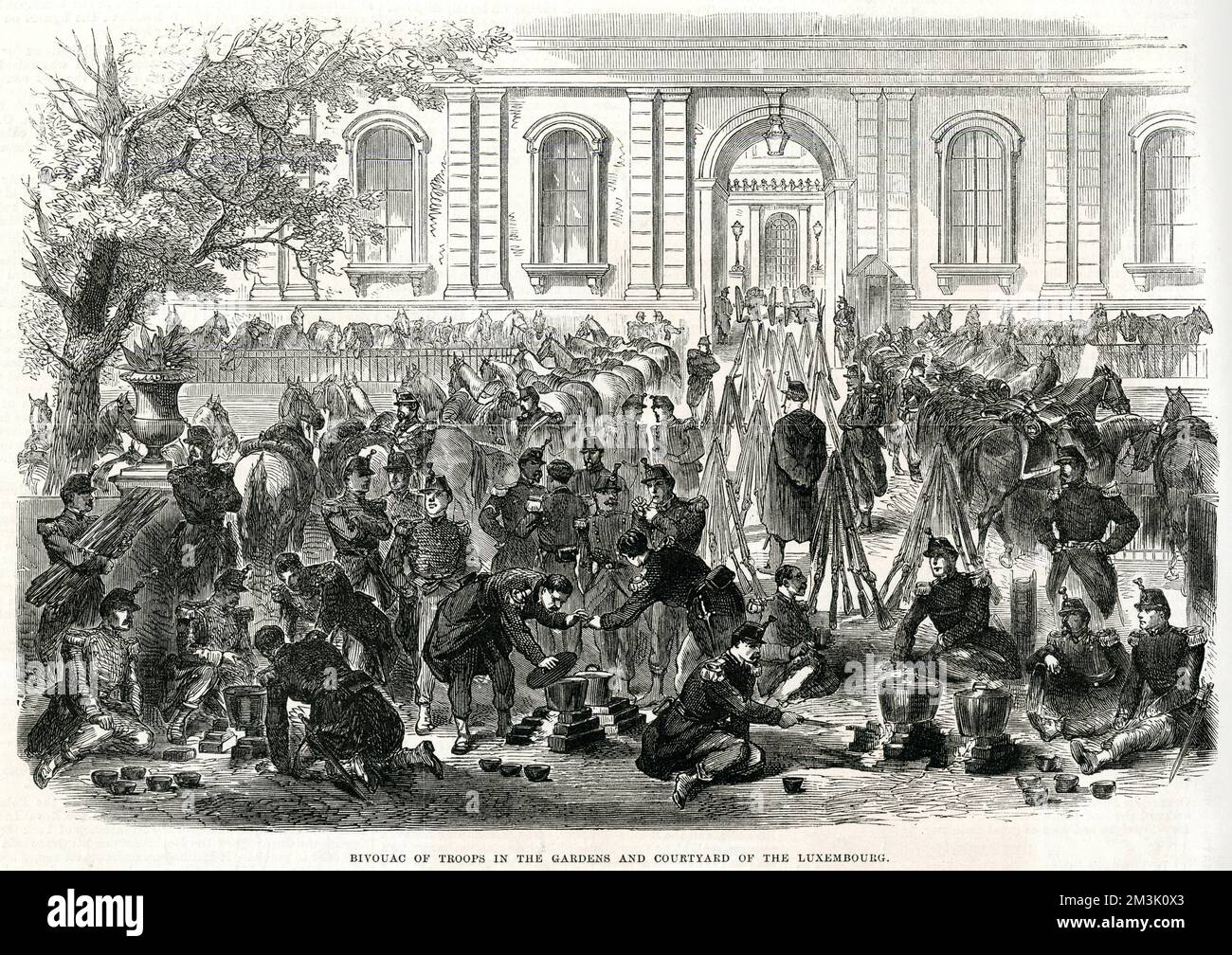 Units of the National Guard camping in the Luxembourg Gardens, during manoevres in preparation for forthcoming action against the Prussians or the Republicans.     Date: 9-10 May 1870 Stock Photo