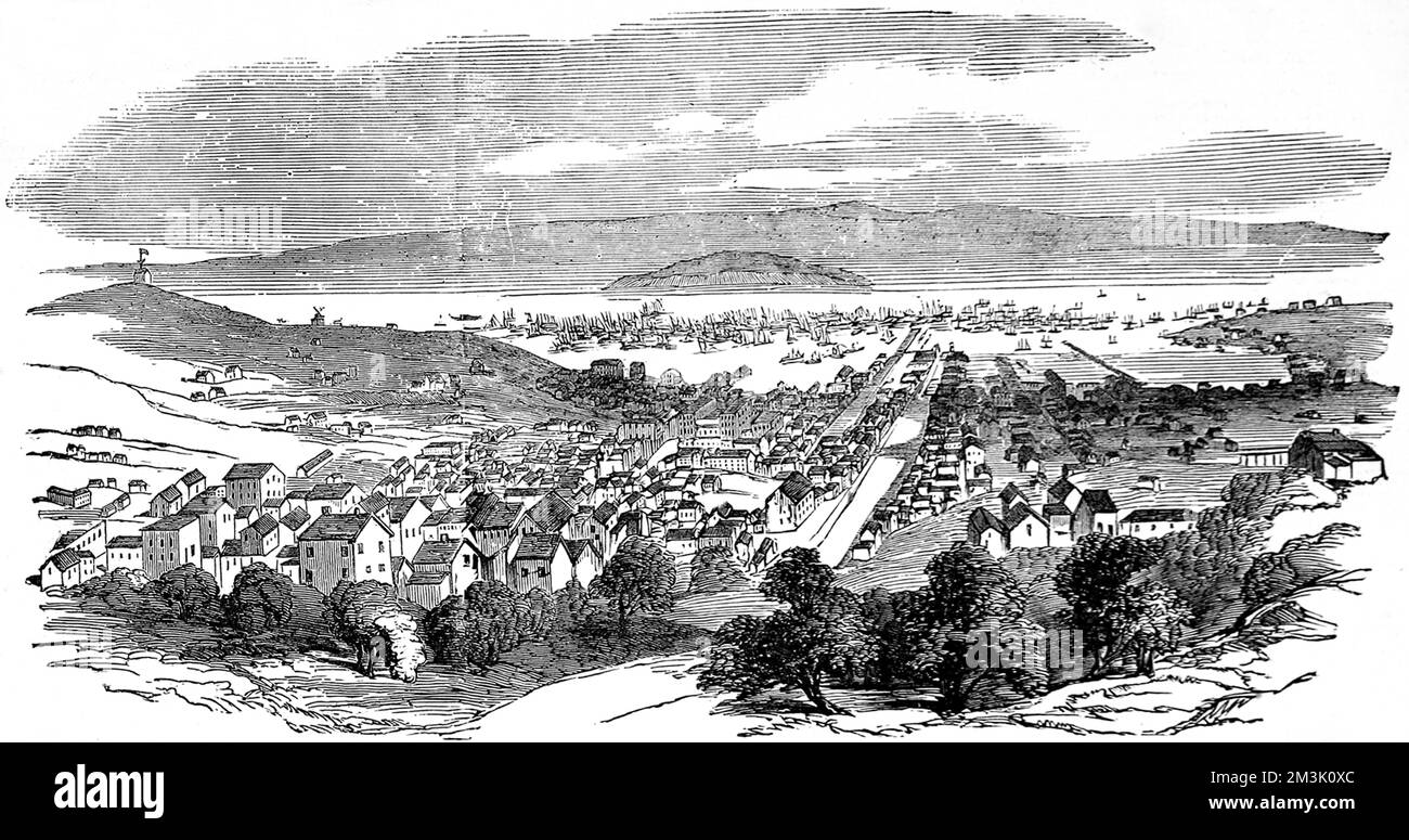 San Francisco with Yerba Buena Island in the background. On 3rd May 1851 San Francisco was subject to a terrible fire and only days later, on 15th May, an earthquake shook the city.  1851 Stock Photo