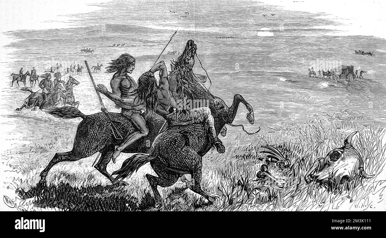 Some native American Indians on horseback being shot at by white American gunmen, on a prairie.. Stock Photo