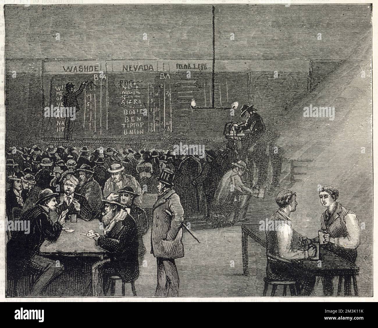 An underground drinking cellar with, in the background, a stock index board marked on the wall, San Francisco. As the city of San Francisco grew in importance more financial trading took place. In this image stock indicators show the state of the market in the other financial centres in the USA, such as Washington and Nevada. Stock Photo